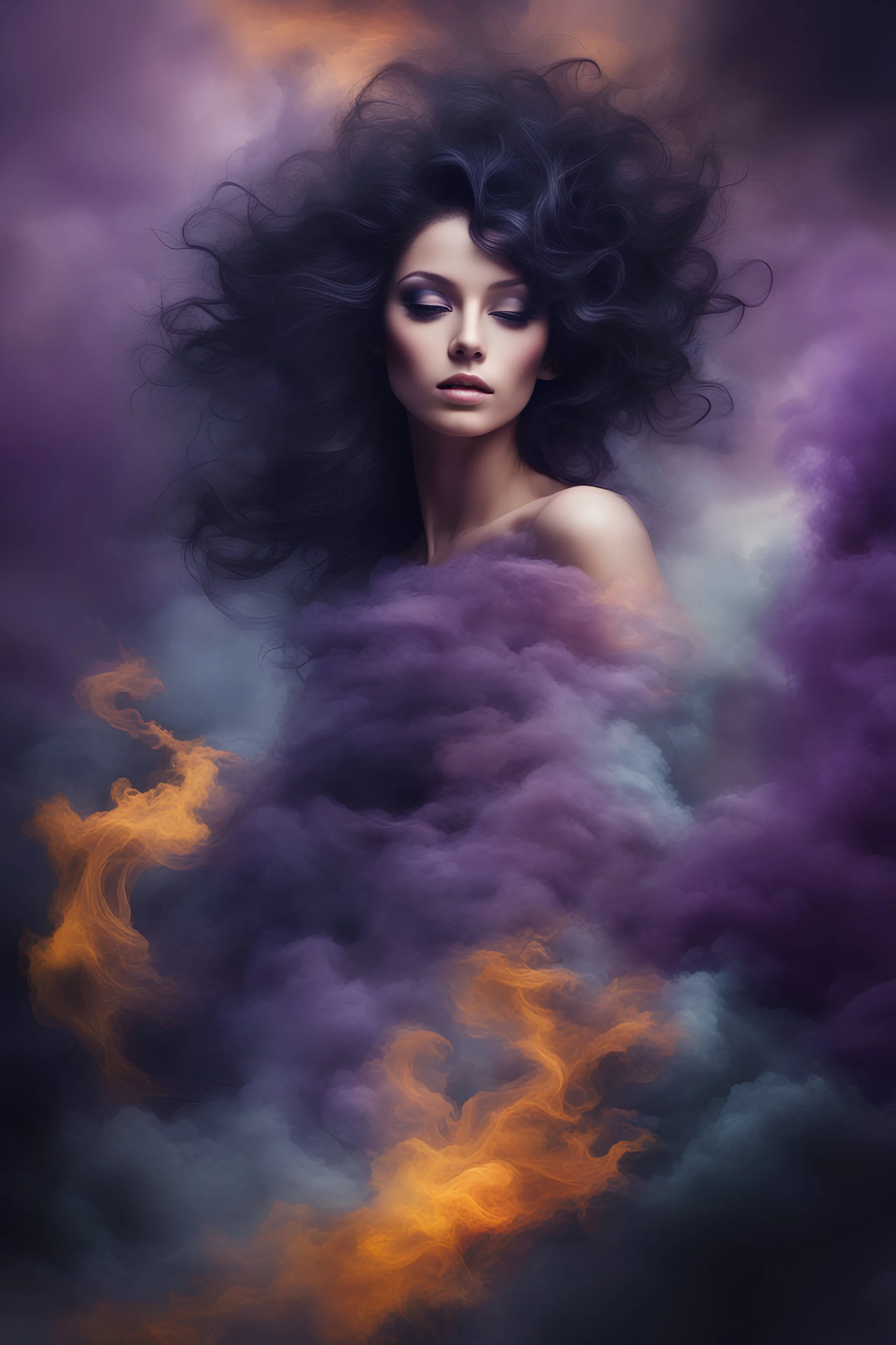 abstract creation of a beautiful girl with black curly hair, surrounded by stormy clouds, wrapped in thick purple smoke, breathtaking beautiful, lightnin, bright colours,chaos,