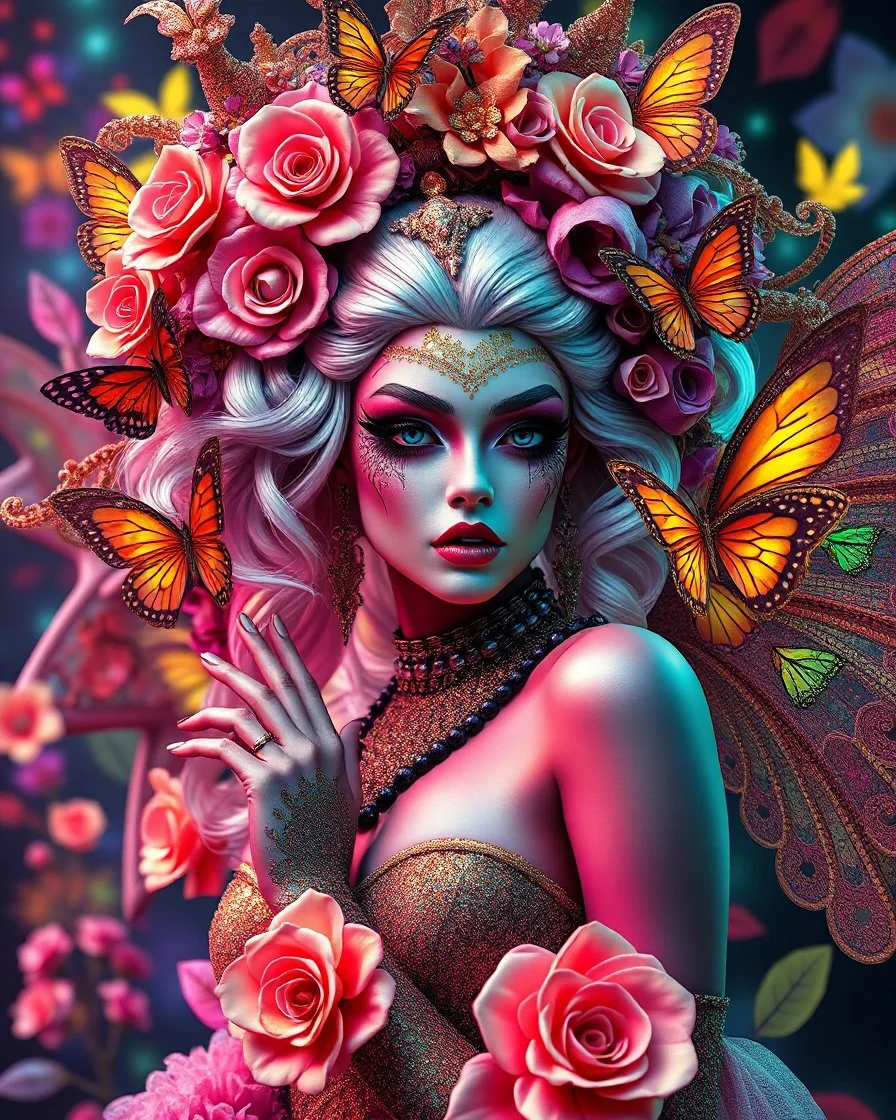 Masterpiece art amazing art picture in Luxurious 3d colorful fractals sharp colors,vibrant colors,neons colors standing pose sweet pose a adorned carnival vampire queen gothic make up,hair silver, golden shiny adorned,in fractals 3d outside ,fractals colorfull,Fully of flowers,butterflies,leaves in 3d outside fractals neons vibrant colorful backgrounds