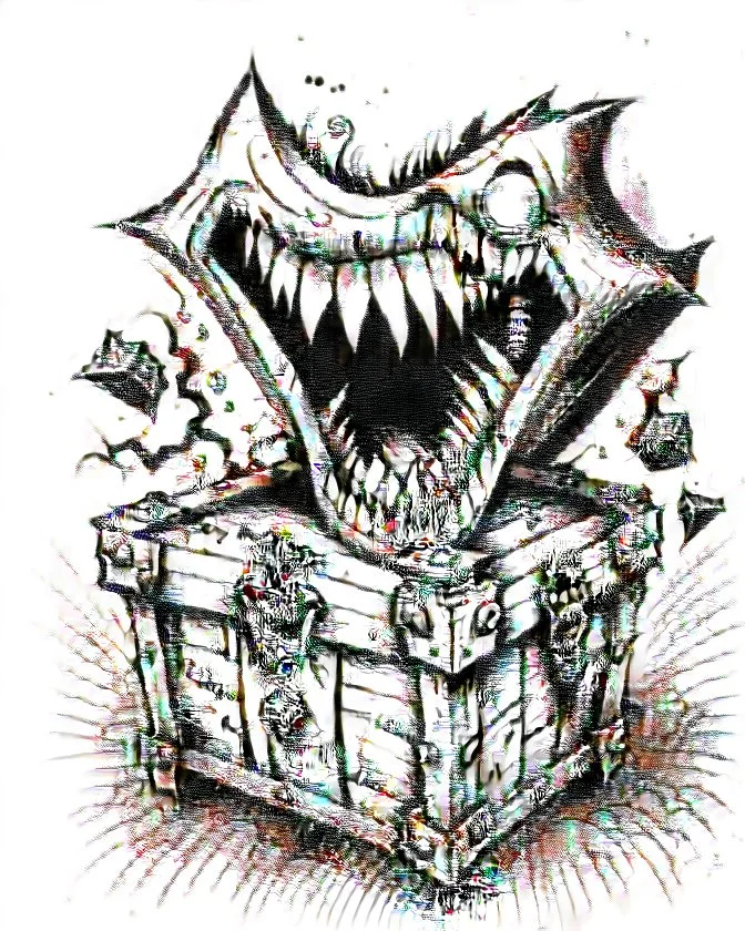 mimic treasure chest with teeth rpg art black and white sketch