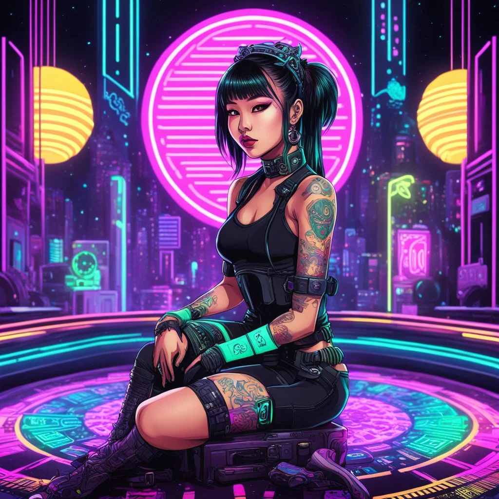 [psychedelic pixel illustration by Jannell Jaquays with Solstice colour palette] Neon Void (AcidHouse Space Opera) a Neo-cyberpunk asian girl with barcode tattoo sits in front of the camera, ready to engage, casino in the background