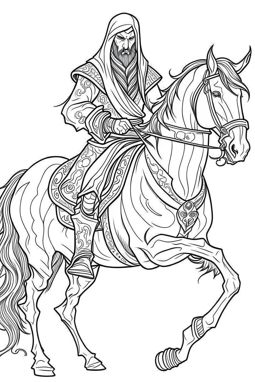 The headless horseman. Outline, sketch style, only use outline, mandala style, clean line art, white background, no shadows, no clear wall, coloring page.