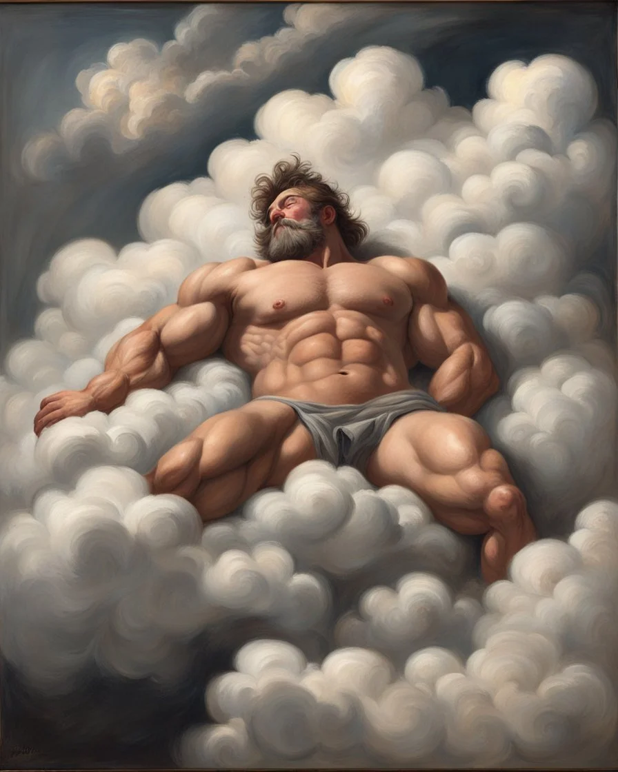 hairy muscle man sleeping in clouds. 19th painting