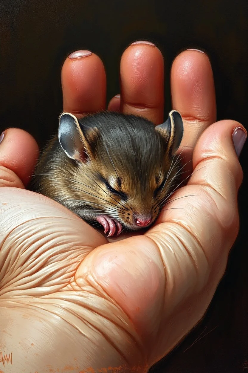 Bosch paint style in oil painting style of a mouse peacefully sleeping in a open hand , The mouse’s fur harmonizes with the scene, that blend with the warmth of the hands , contrasting with natural hands skin