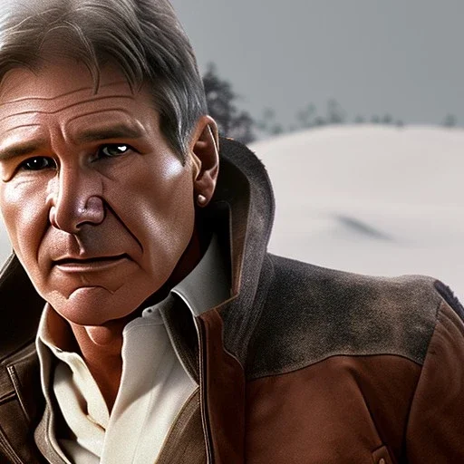 8k hyperspace background,complete and photo realistic detailed head to waist stunning, extrem photo realistic portrait of harrison ford as han solo in star wars with short lenght, photo realistic hair, brown eyes, professional photo realistic painting by drew struzan, trending on artstation, Sharp focus, rough skin,space jacket from star wars