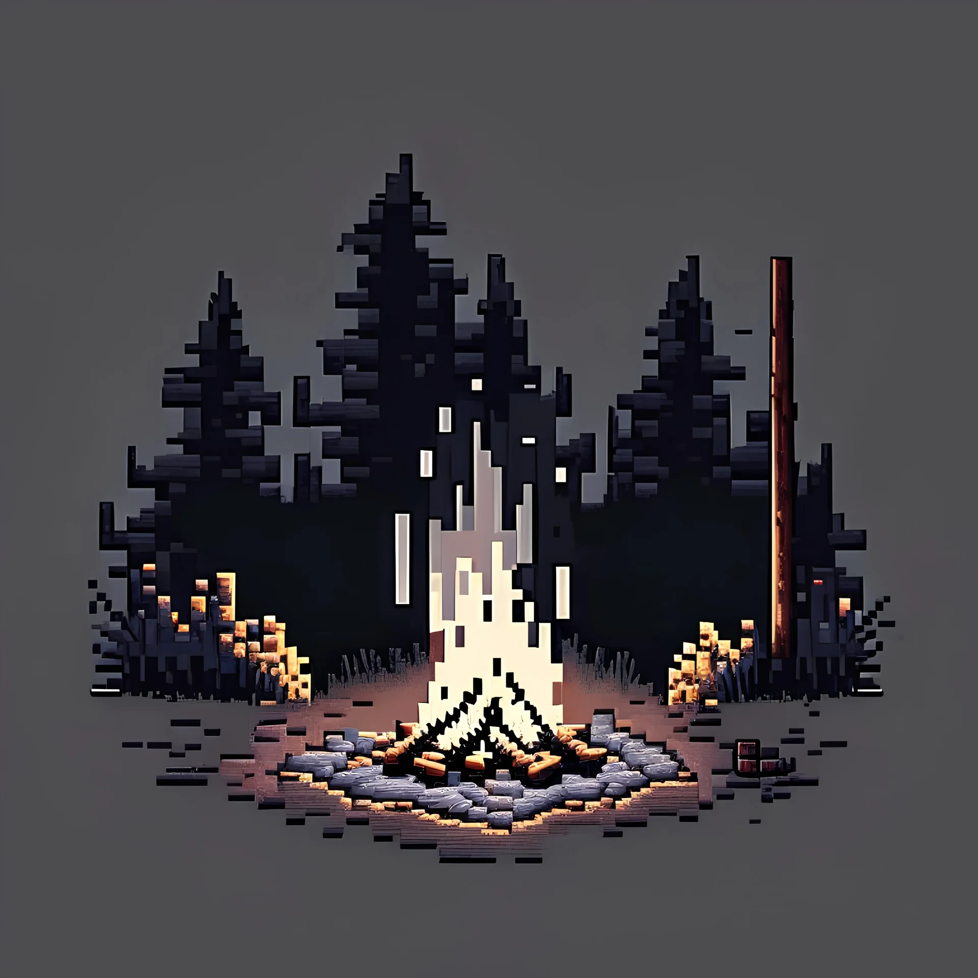 a campfire, calm, peaceful, gentle, pixel art style, only use shades of grey