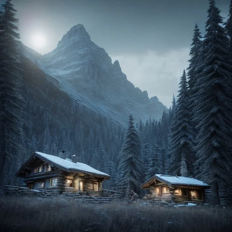 Five hunters, a mountain hut, sense of fear, Alps, night sky, 8k, HD, cinematography, photorealistic, Cinematic, Color Grading, Ultra-Wide Angle, Depth of Field, hyper-detailed, beautifully color-coded, insane details, intricate details, beautifully color graded, Cinematic, Color Grading, Editorial Photography, Depth of Field, DOF, Tilt Blur, White Balance, 32k, Super-Resolution, Megapixel, ProPhoto RGB, VR, Halfrear Lighting, Backlight, Natural Lighting, Incandes