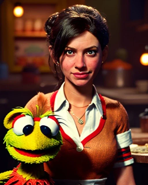 waitress woman with Sesame Street muppet mask-head, concept art, retro style, smooth, unreal engine 5, god lights, ray tracing, RTX, lumen lighting, ultra detail, volumetric lighting, 3d.