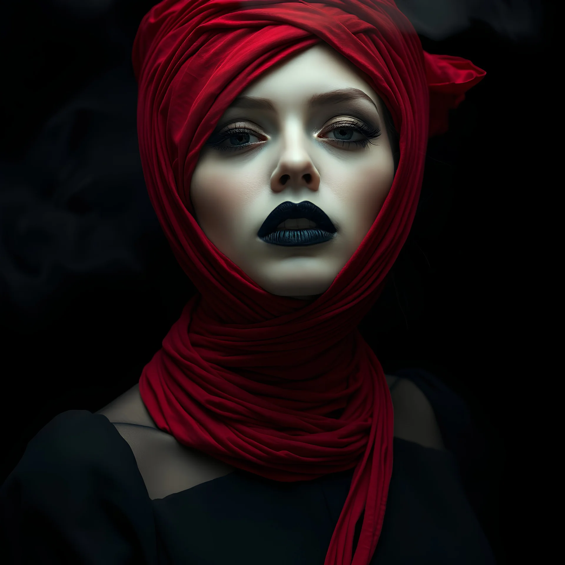 PORTRAIT, TAKEN FROM THE GROUND, 28MM LENS, SOFT LENS, BLACK FOG, SMOKE, SEXY, BEAUTY, WOMAN, dark LADY, BOUND WITH many RED BANDAGES LIKE A MUMMY AROUND BODY AND FACE, VERY SPECTACULAR, BLACK LIPS Intricate, BLACK DRESS, BLACK AND BACKGROUND Hyperdetailed, Royo, becoming reality, artstation trend, sharp focus, studio photography, BLACK BACKGROUND, intricate details, highly detailed b Richard Tuschman style photo