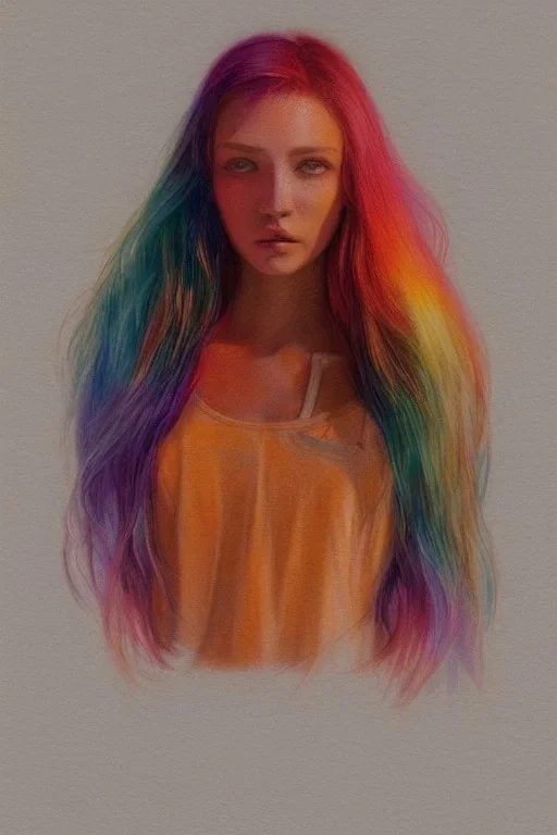 Beautiful perfect perfectly centered photorealistic lady crayon on pastel paper long hair, bronze-orange hair, rainbow cropped top t-shirt full-body portrait by Greg Rutkowski, medium shot