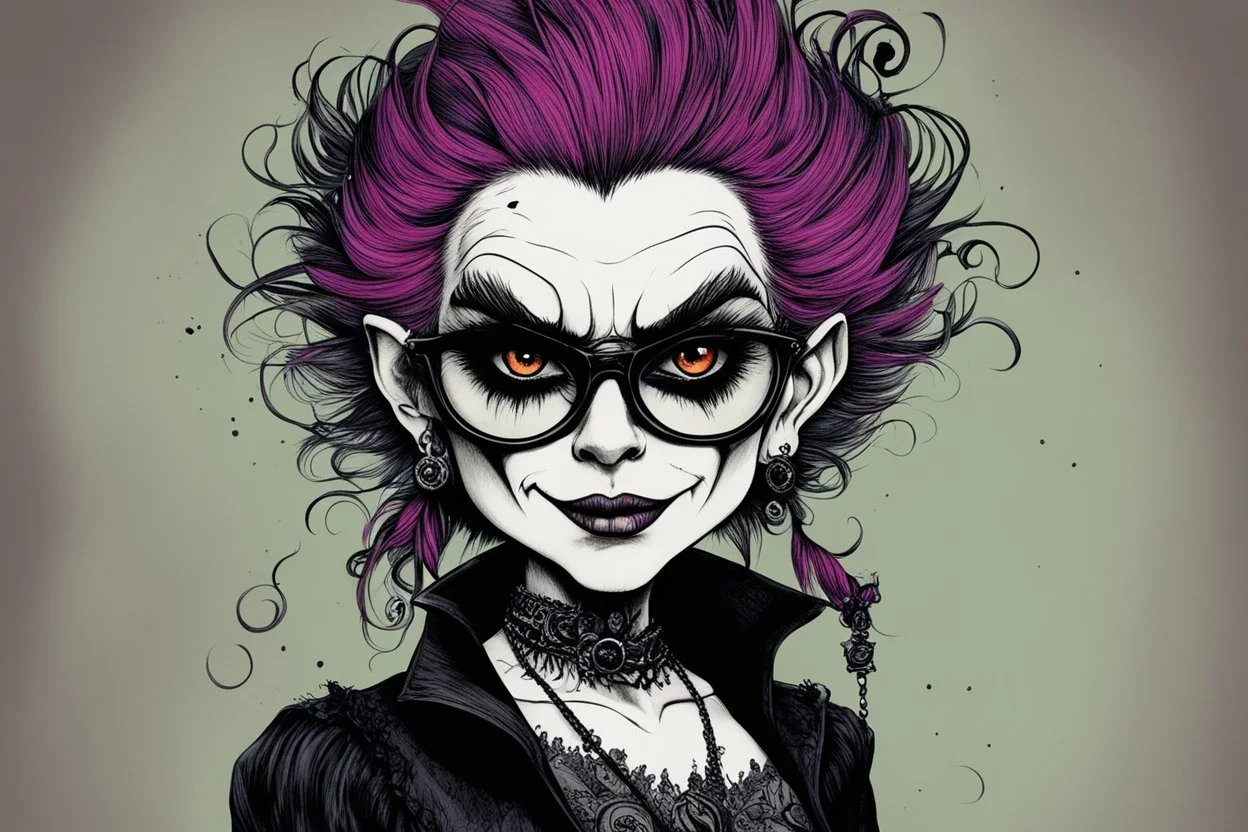 Maurice Sendak, Edward Gorey, and Ralph Steadman style, close up, full body, caricature portrait illustration, of a gothpunk vampire girl, with highly detailed hair and facial features, precisely drawn and inked in vibrant chromatic color