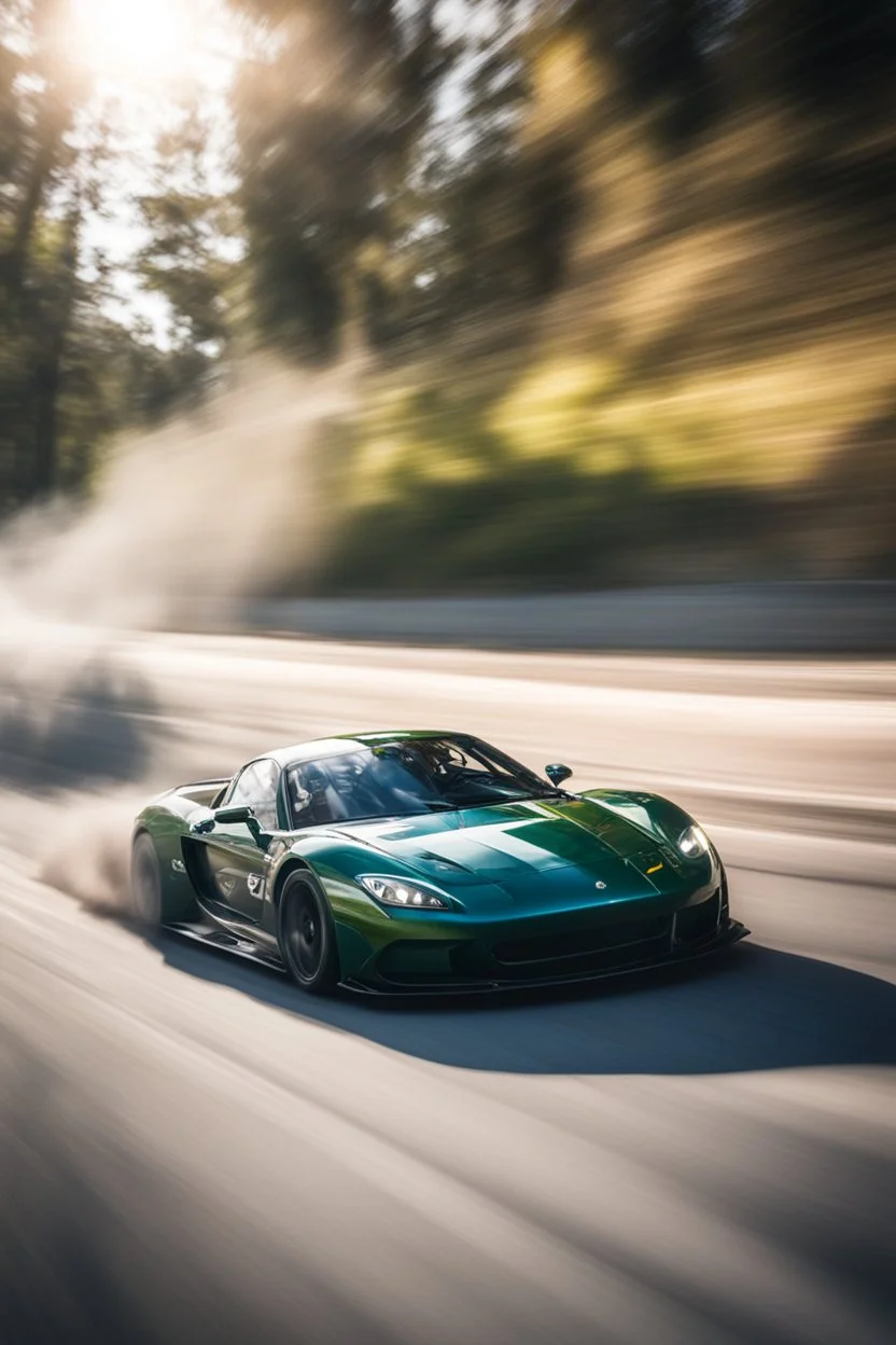 Sports car drifting around a corner, motion blur, narrow depth of field, lens flare, dynamic angle, asphalt spray, high octane energy