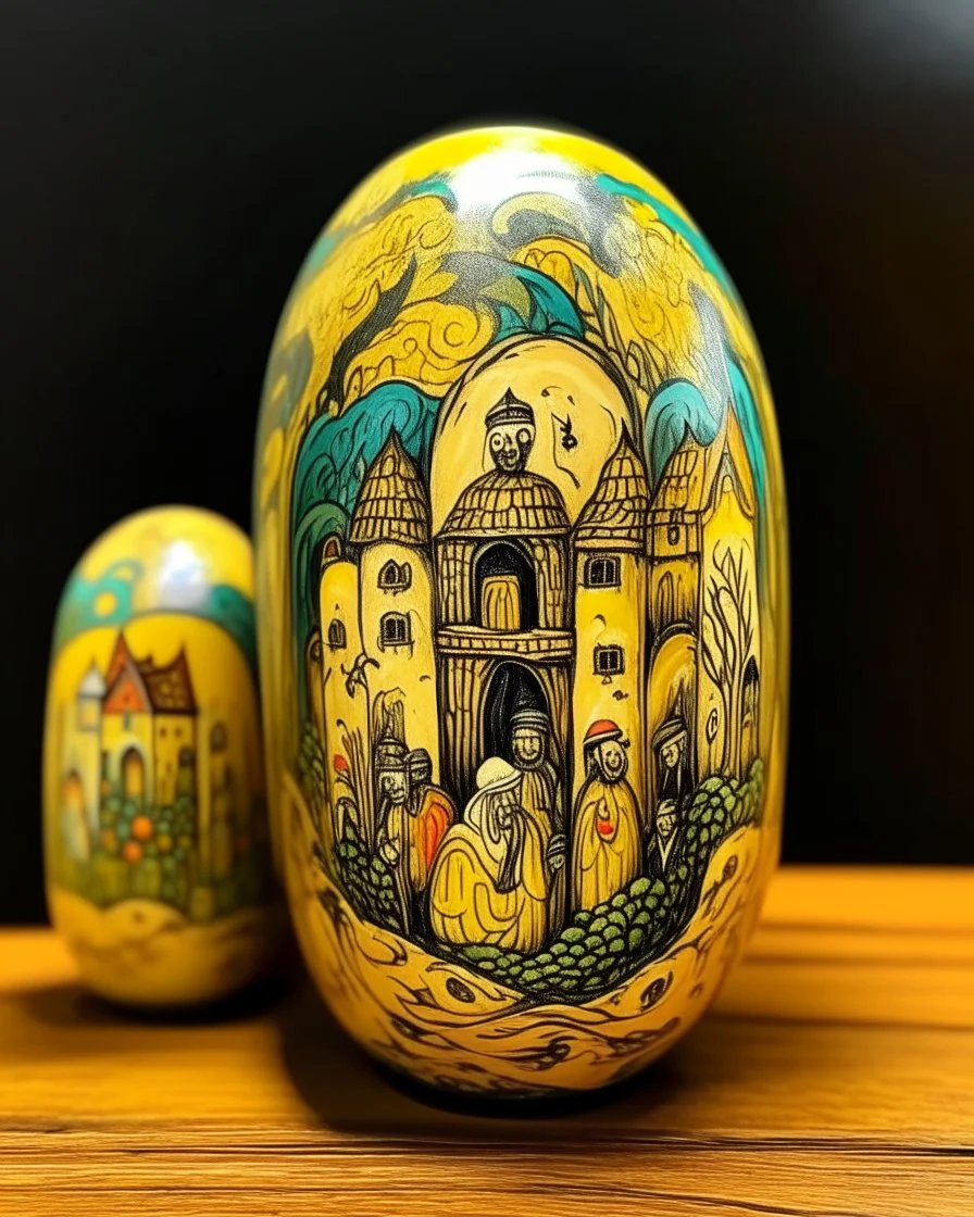 A pale ivory yellow district with a voodoo house in a thunderstorm designed in Matryoshka dolls painted by Vincent van Gogh