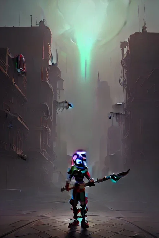 goblin holding an axe, dark buildings, nuclear waste glow, street level view, steampunk style