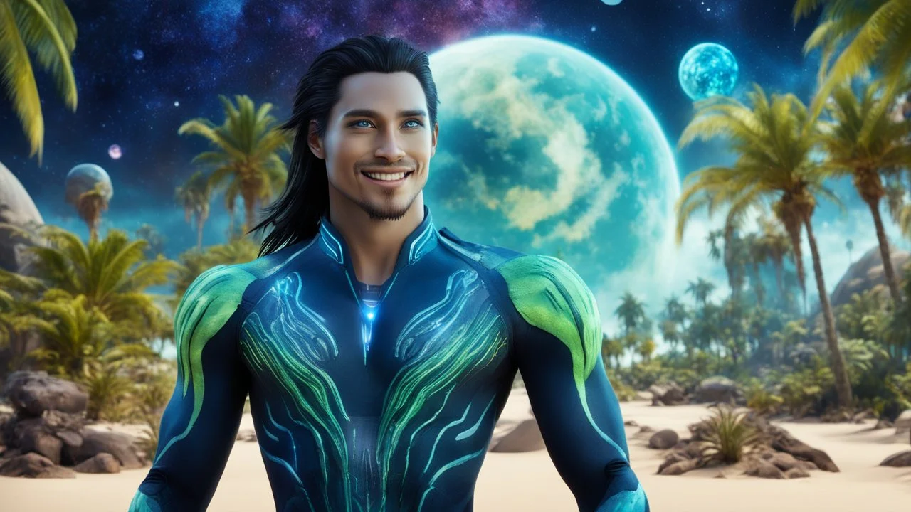 beautiful gorgeous young man na'vi with long hair, Avatar, blue skin, two small ears, green eyes, black hair, in cosmic suit, galactic ambiance, little pointy goatee , smiling, with spaceship and planets and palm trees and clear crystaline cosmic beach in background