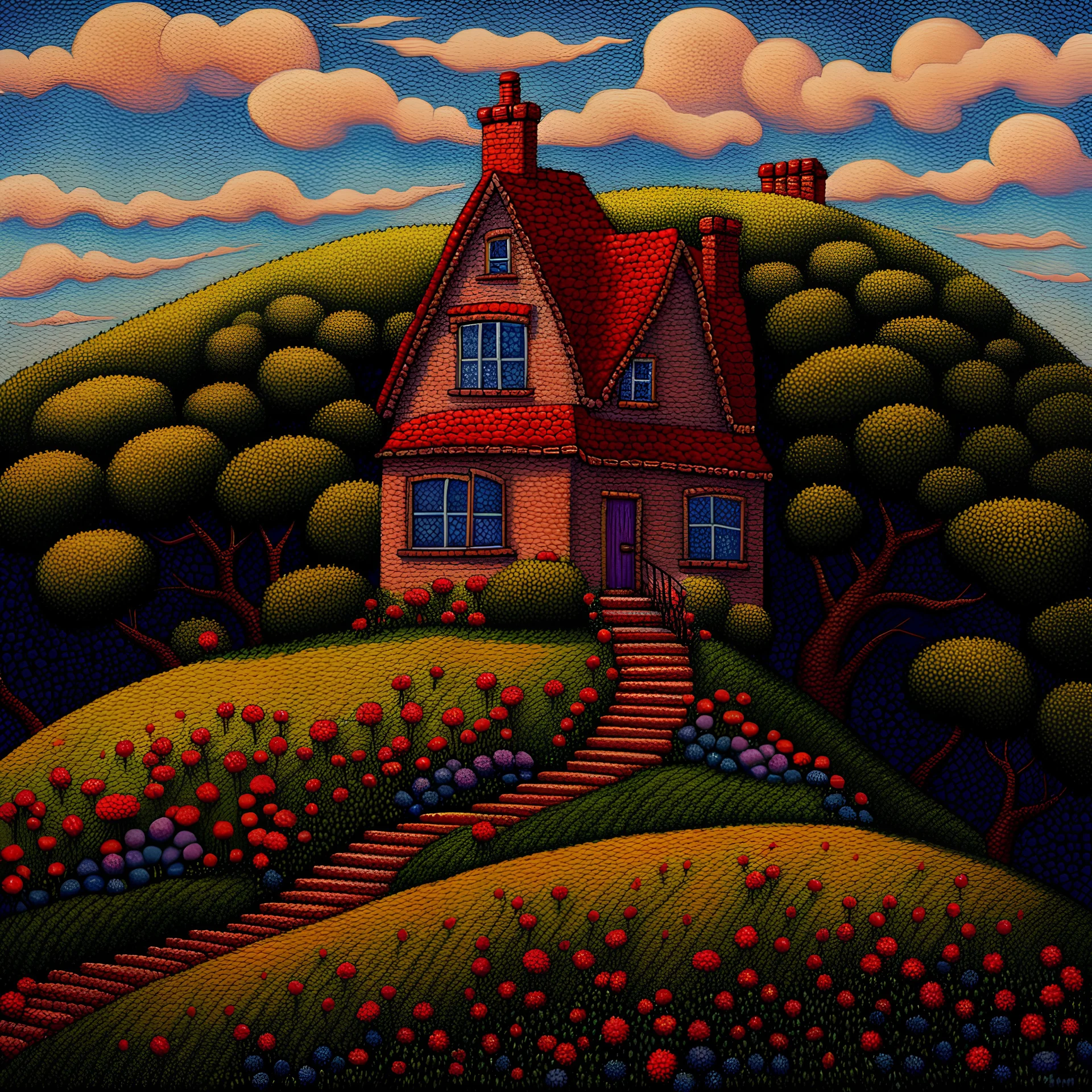 a painting of a house on a hill, a pointillism painting by Sylvia Wishart, deviantart, kinetic pointillism, detailed painting, whimsical, storybook illustration