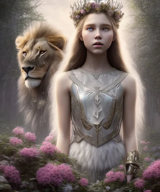 Young beautiful girl with a floral crown next to a majestic, stunning lion on nature forest path, Chronicles of Narnia, 8k resolution, high-quality, fine-detail, iridescent, intricate, digital art, detailed matte, volumetric lighting, beautiful, illustration, 3D octane render, brian froud, howard lyon, selina french, anna dittmann, annie stokes, lisa parker, greg rutowski,