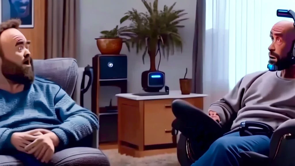 man sitting in his lazy boy chair at home argues with his AI clone on the phone