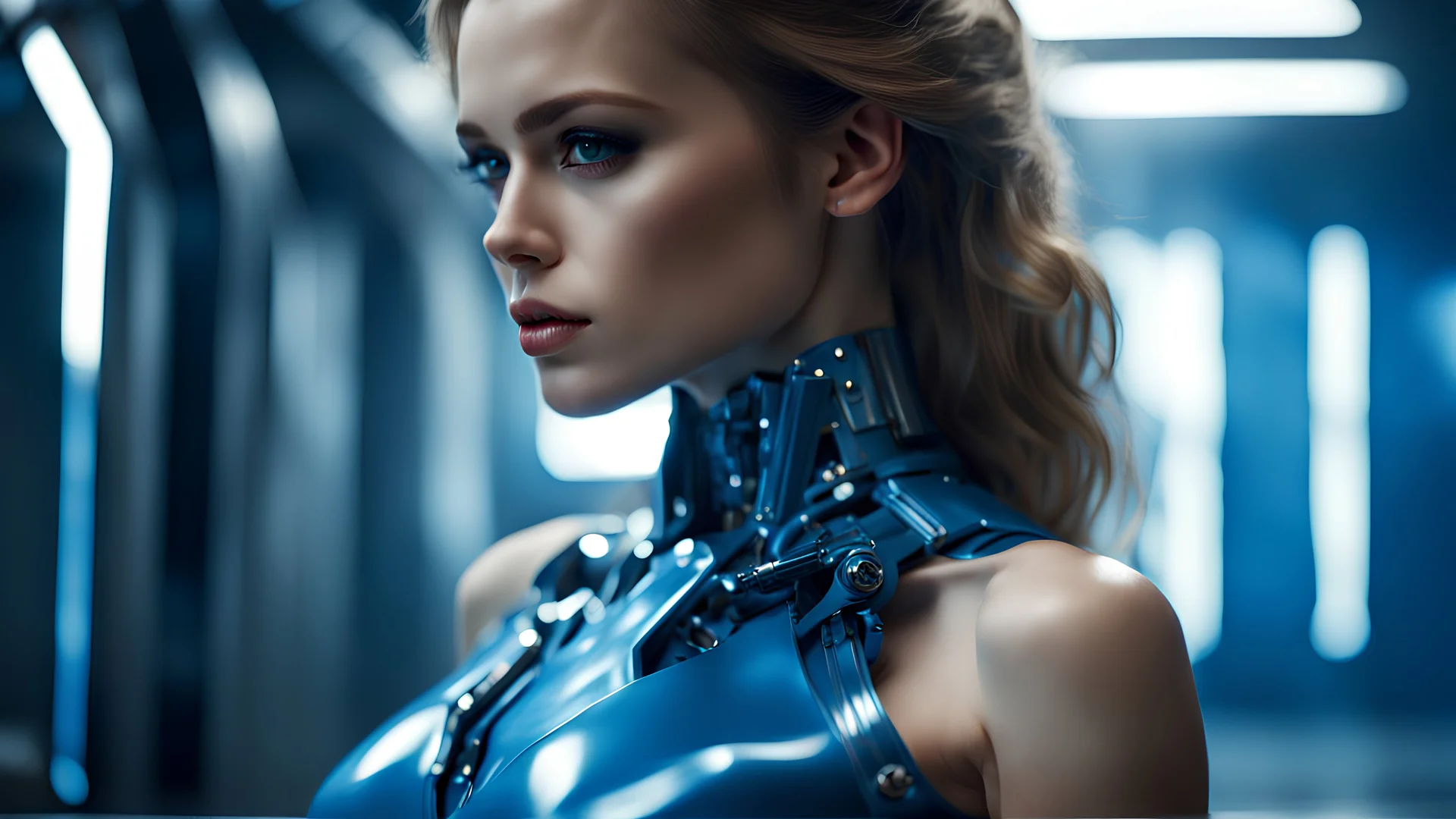 eine junge dame mit hübschen blauem kleid sieht aus wie terminator, close up, schöne hüfte, realistic, cinematic
