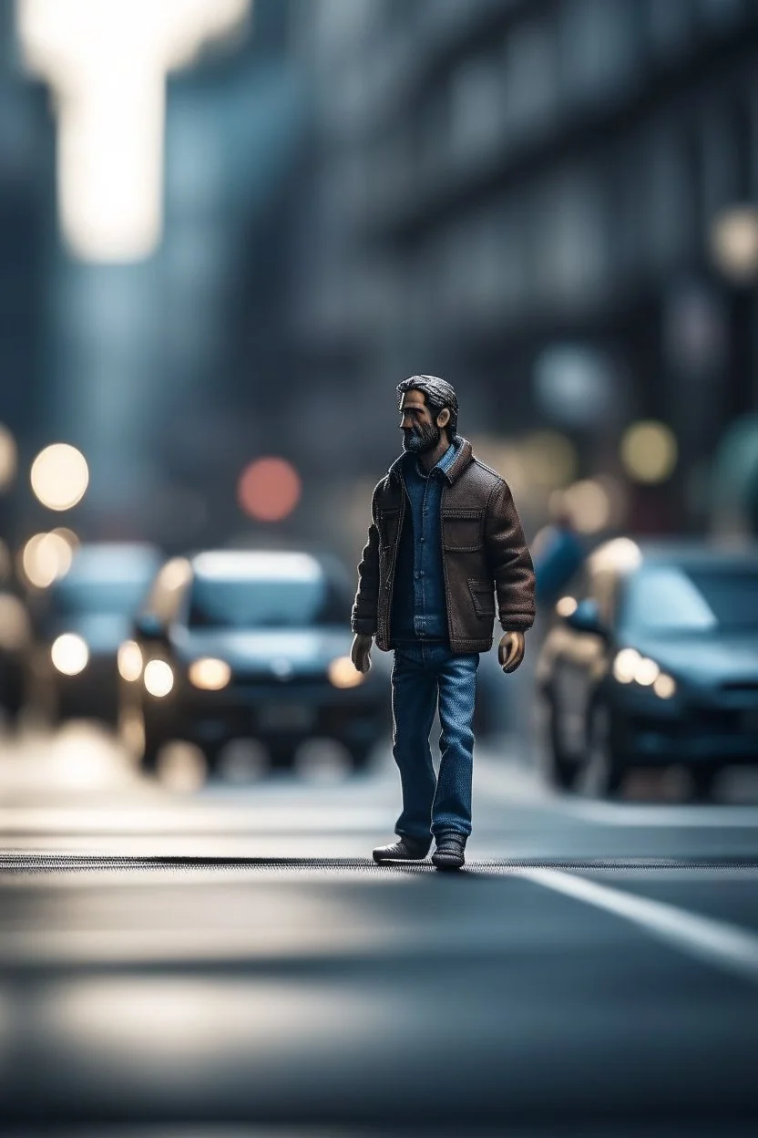 man walking in the streets while stuck in his car ,shot on Hasselblad h6d-400c, zeiss prime lens, bokeh like f/0.8, tilt-shift lens 8k, high detail, smooth render, down-light, unreal engine, prize winning