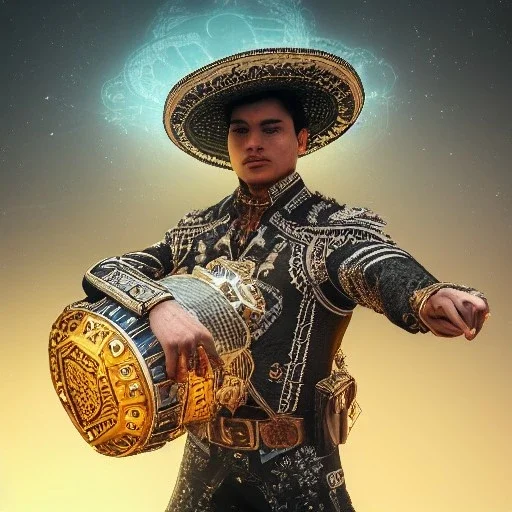 Insanely detailed photograph of an “ a heavily armed male mariachi holding glowing D20” with intricately detailed Sombrero, intricate charo, hyperdetailed painting by Ismail Inceoglu Huang Guangjian and Dan Witz CGSociety ZBrush Central fantasy art album cover art,8K, hdr, mysterious, flickeringlights ,Stoic