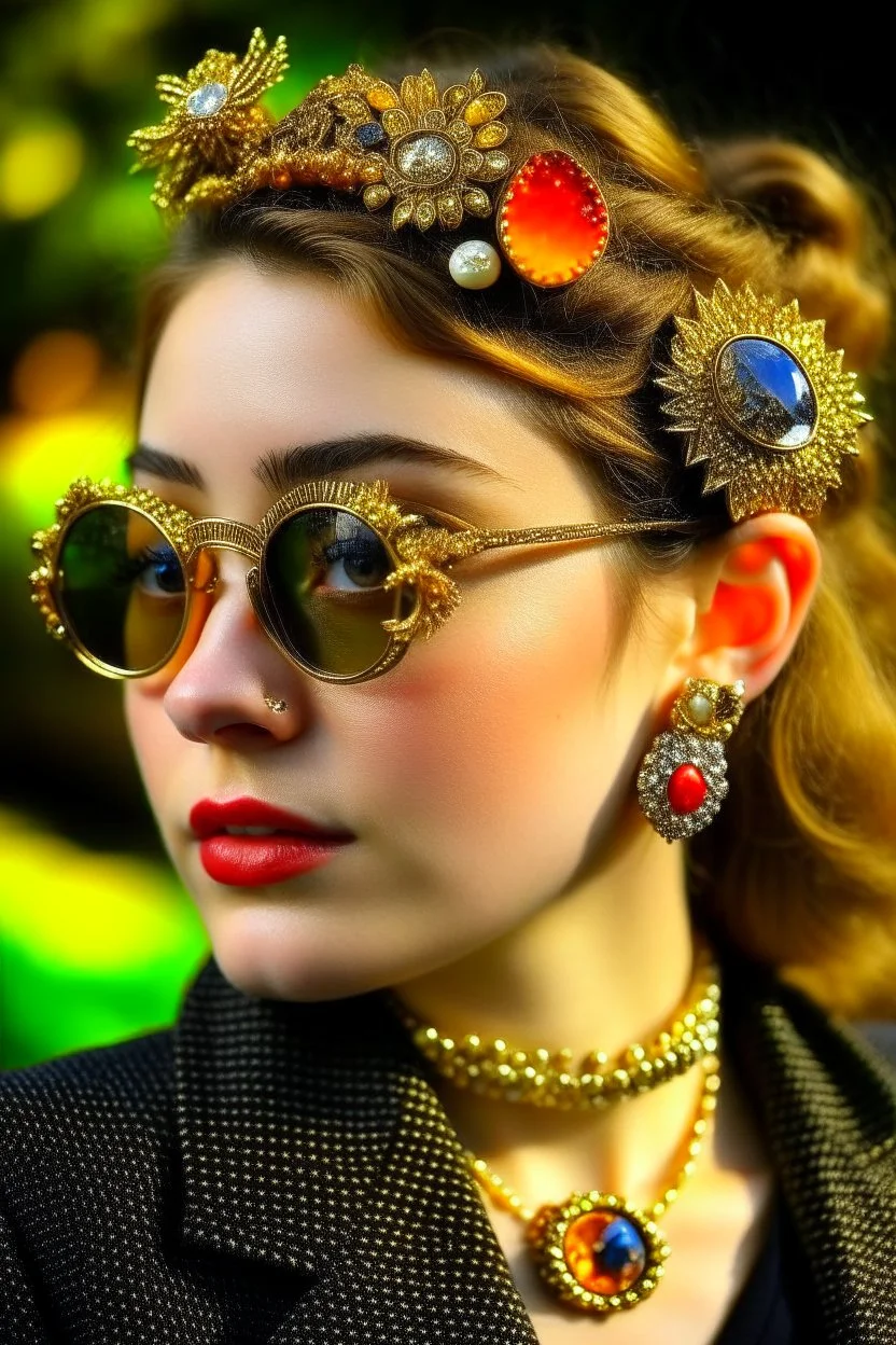 Beautiful of Dutch girl wearing sunglasses with Medieval brooch jewelry., Brooch, gold brooch and diamond, brooches for multiway dresses, decorative jewelry, designed to be attached to garments, decorated with enamel or with gemstones, The best brooch jewelry designs, wildlife as gold brooch design, modern brooches