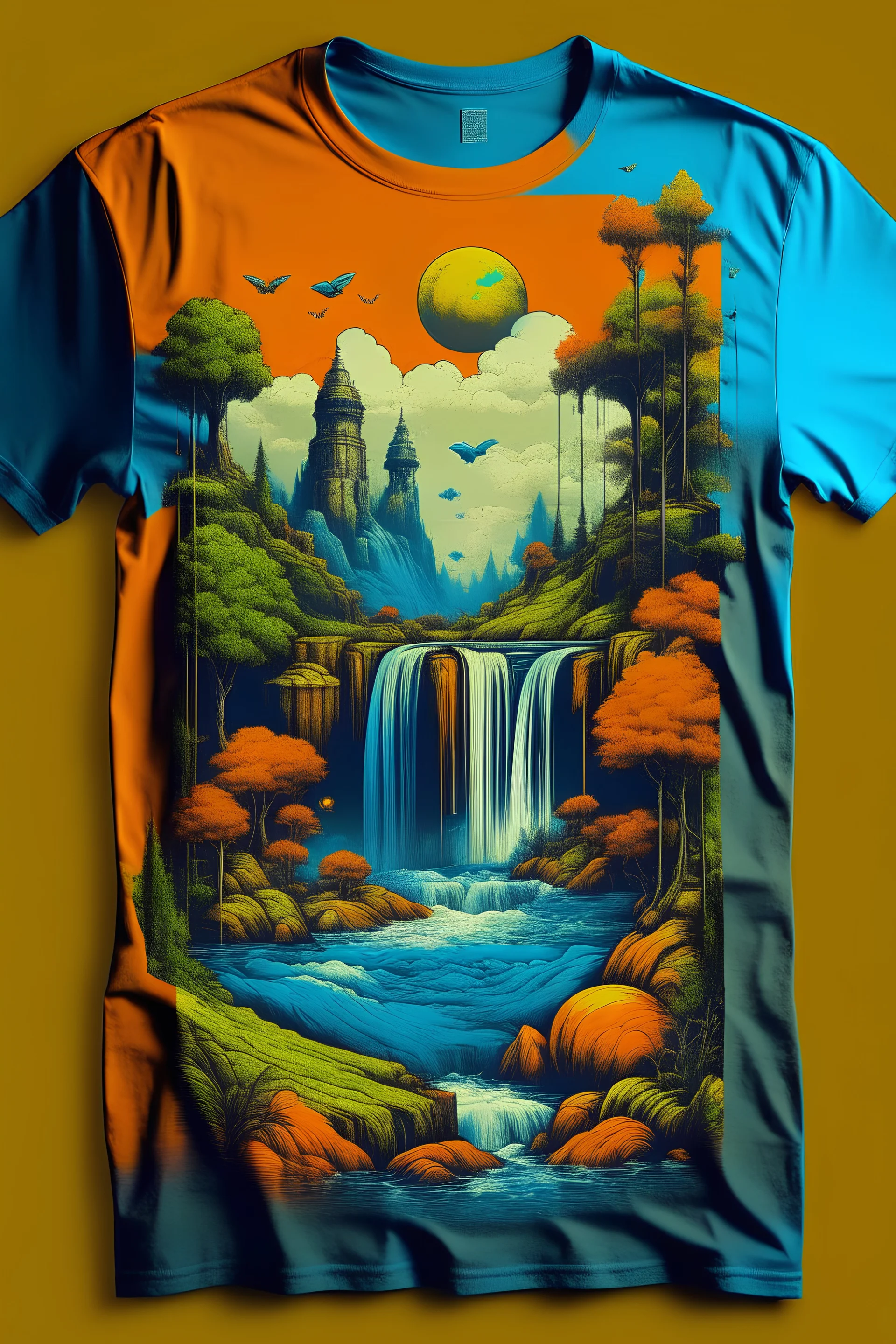 Design a t-shirt that features surreal landscapes, such as trees that turn into mystical creatures, waterfalls that flow into the sky, or enchanted forests inhabited by extraordinary beings. Play with unusual colors and abstract shapes to create a unique and evocative design.