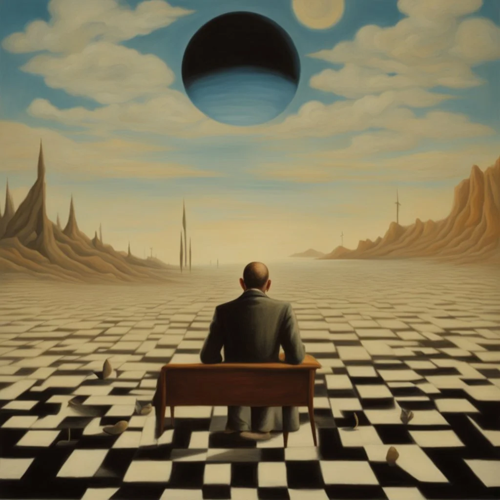 person alone in planet,cover art, surrealist painting called 'today I am thinking about time by dali and picasso and magritte and Breughel