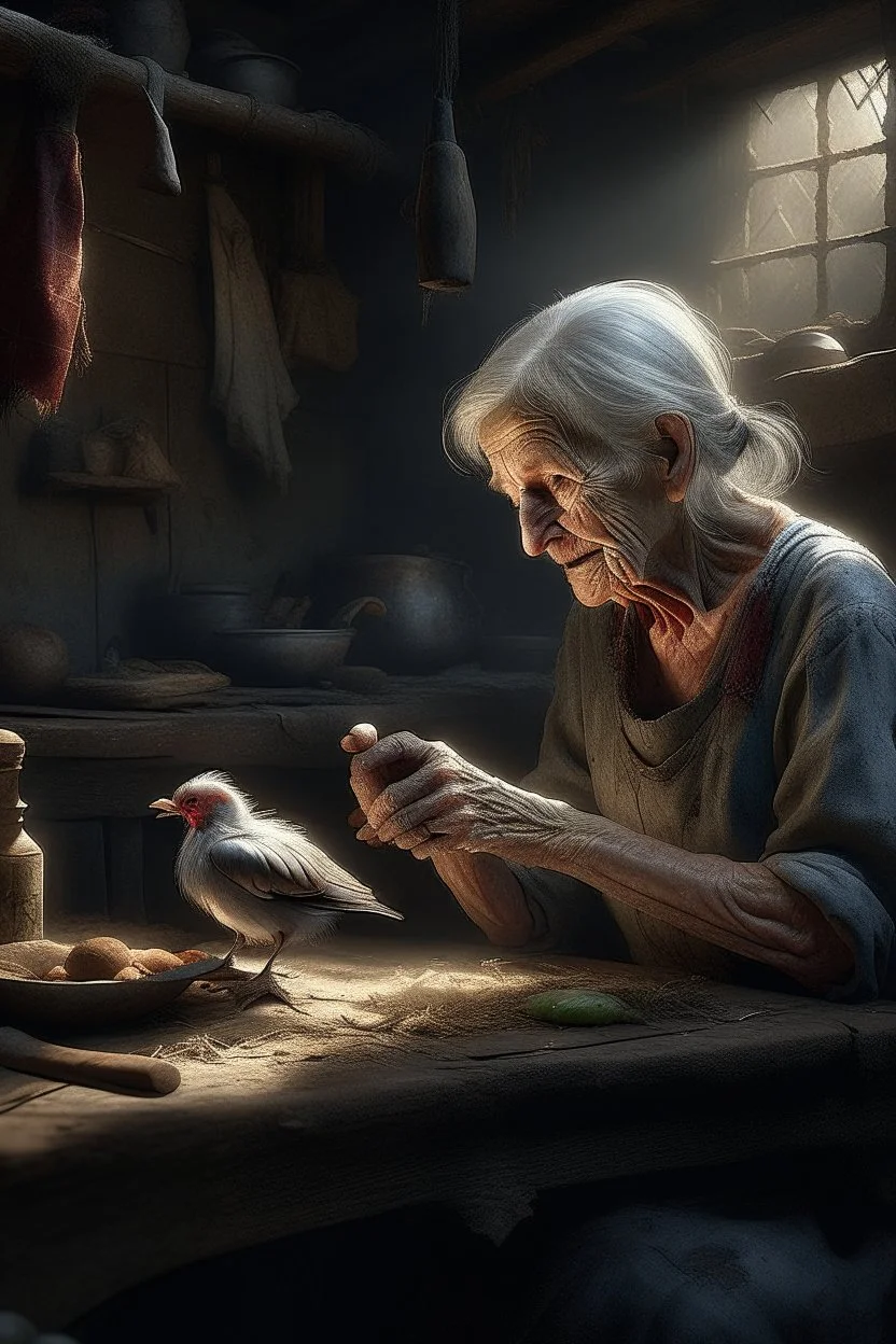 "A an old paints cracked dirty abandoned barn an old woman holding a chicken from the neck in one hand and holding a knife on the other hand on the table , , insanely detailed octane render trending on artstation, 8k artistic photography, photorealistic concept art, soft natural volumetric cinematic perfect light, chiaroscuro, award-winning photograph, masterpiece, oil on canvas, Raphael, Caravaggio, Greg Rutkowski, people, beksinski, Giger