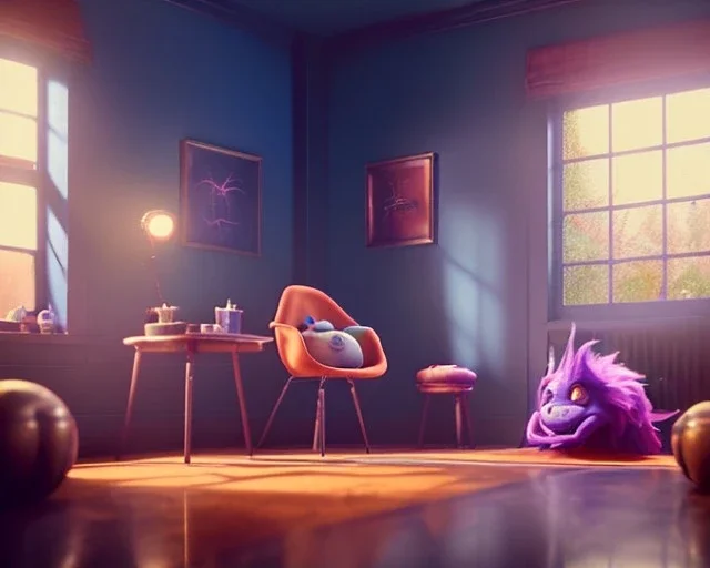 room scene with big color hair monster, realistic photo, sweet, Tim burton style, concept art, smooth, unreal engine 5, god lights, ray tracing, RTX, lumen lighting, ultra detail, volumetric lighting, 3d.