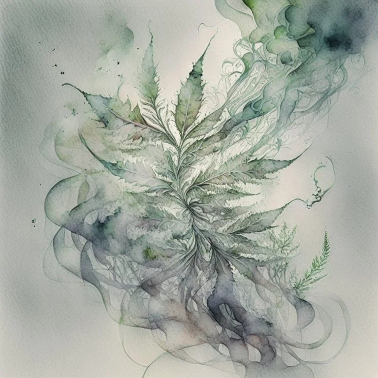 Intertwine smoke tendrils and crushed weed in an asymmetrical manner, forming intricate and interconnected shapes that evoke a sense of complexity and depth. watercolour sketch