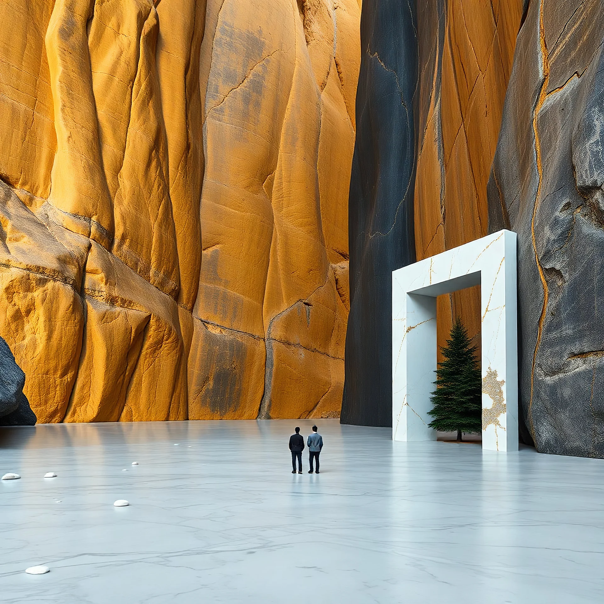 Un paesaggio naturale monumentale, con imponenti pareti di rocce verticali dai colori contrastanti: giallo ocra e blu scuro. Alla base, un pavimento lucido e levigato di marmo, riflette la luce, con sparse pietre bianche. Sulla destra si erge un portale moderno e geometrico, realizzato in marmo bianco con venature dorate. Un piccolo gruppo di alberi sempreverdi si staglia ai piedi delle rocce.Due figure umane, minuscole rispetto alla scena, contemplano l'ambiente accentuando il senso di sogno