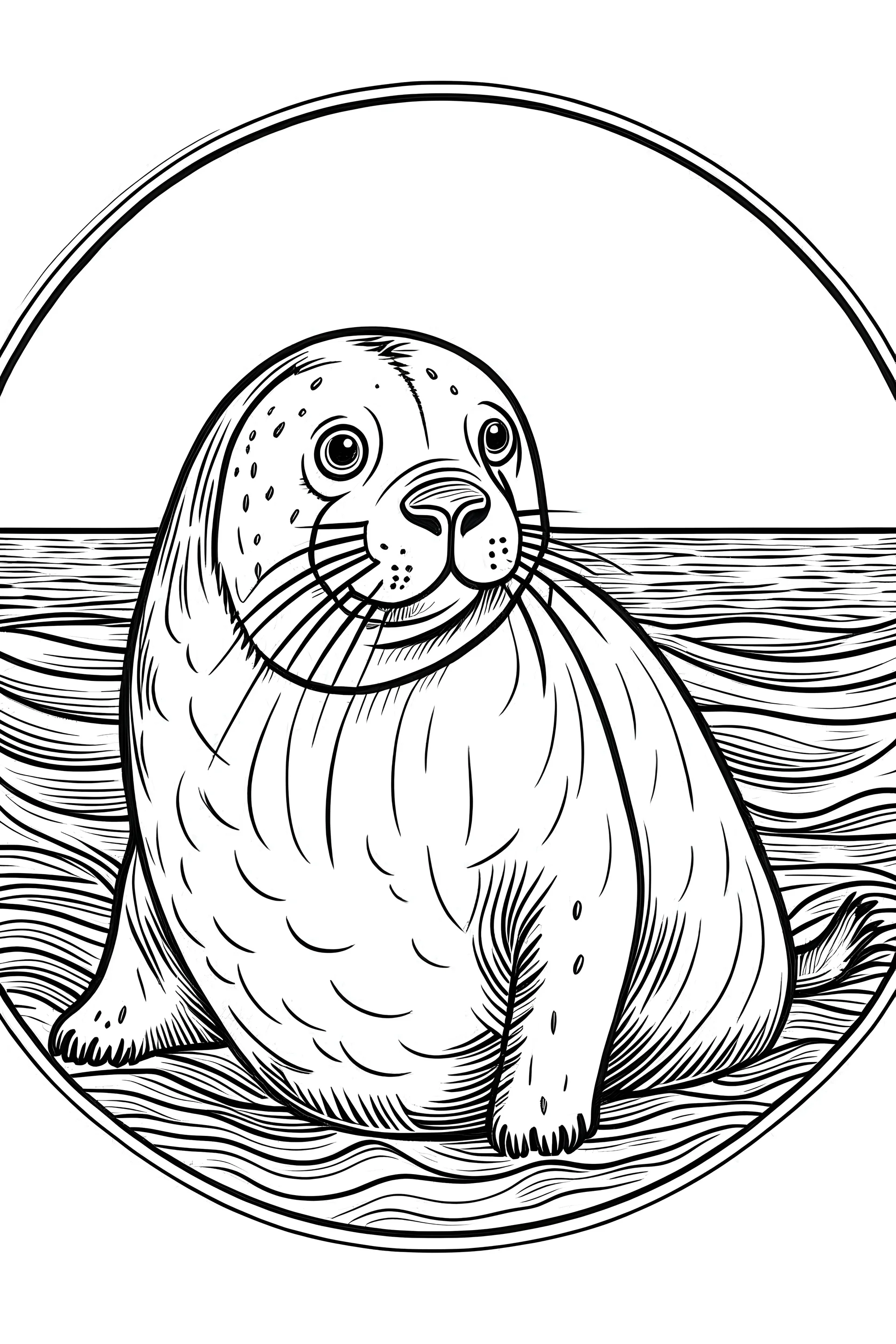 a seal, perfectly adapted to the harsh Antarctic climate, clean line art, monochrome, for kids coloring book, white background