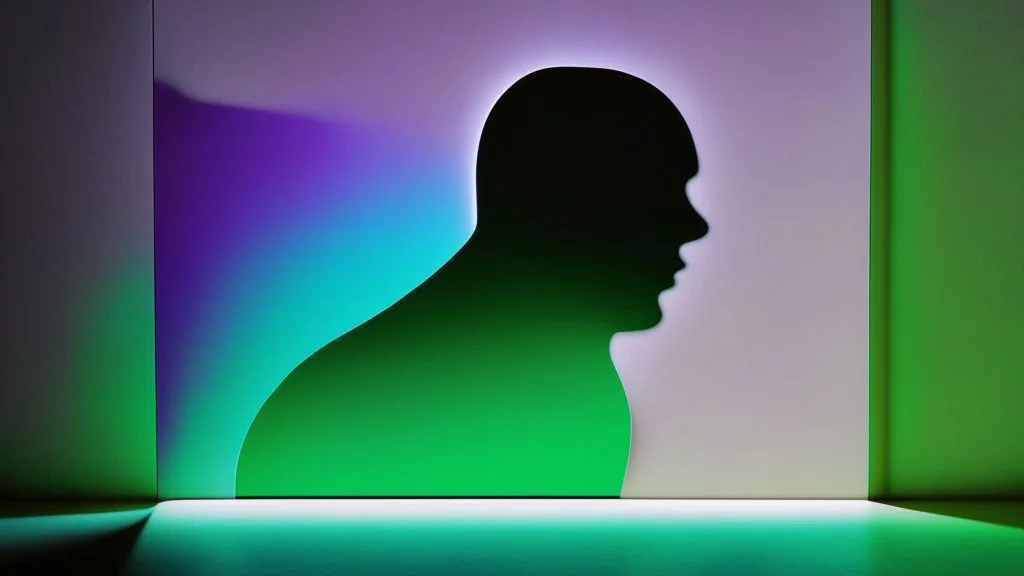 shadow made of different colors of a person looking for information on a large screen