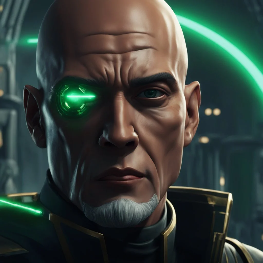 star wars bald male corellian jedi pilot wearing gunmetal grey and black old republic armored robes with gold trim inside the jedi temple holding a lightsaber with viridian green blade in left hand, centered head and shoulders portrait, hyperdetailed, dynamic lighting, hyperdetailed background, 8k resolution, volumetric lighting, light skin, fully symmetric details