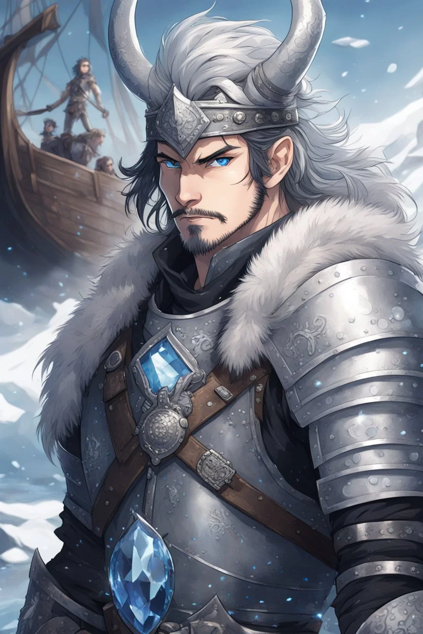 in anime style, 1man, a man with blue eyes and black hair man in silver Viking armor with fur around the neck with blue crystal on his chest holding an axe in his hands standing on a pirate ship in the artic, warrior in anime style,