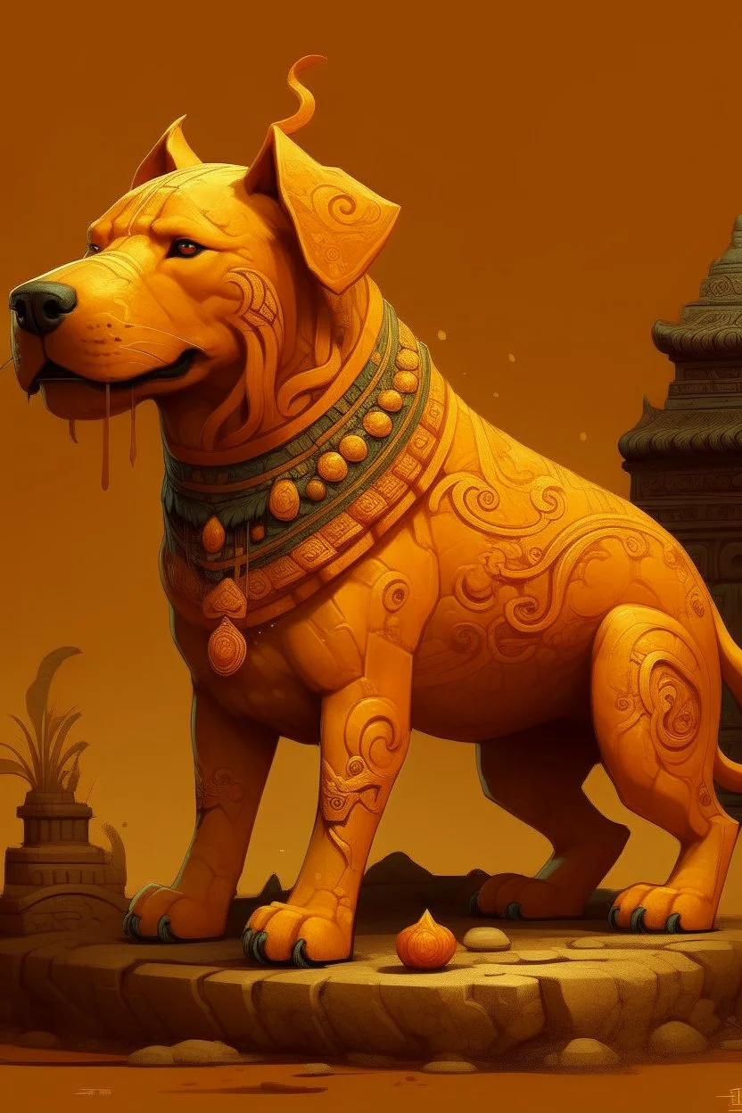 A yellowish orange colored sound elemental dog designed in Mayan architecture painted by Zhang Lu
