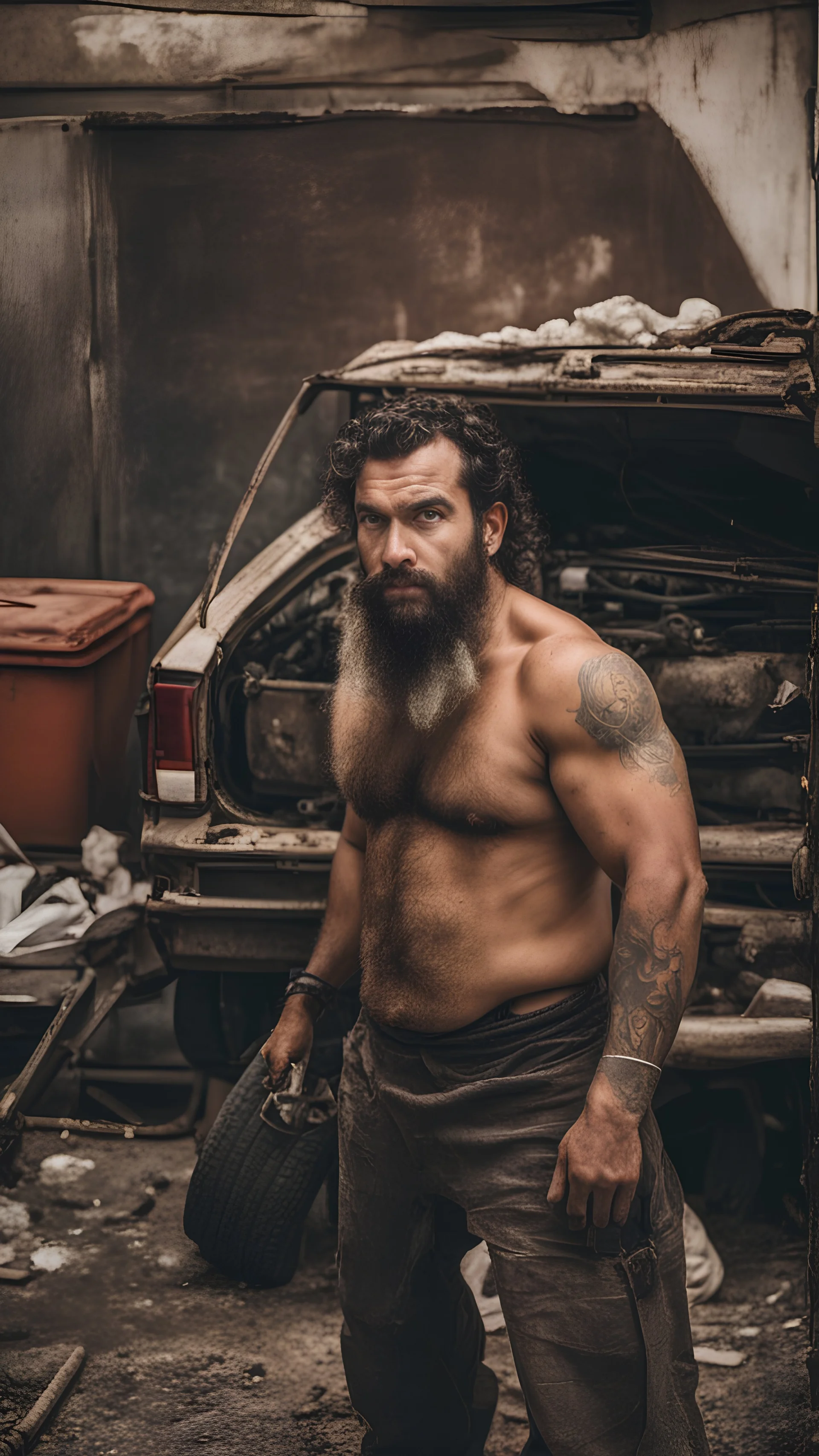 photography of a dirty burly beefy gipsy manly man serious repairing a car, , 36 years old, beefy, ugly , dirty curly hair, sweat, tattoo, with completely broken cotton pants, bulge, beard , angry eyes, bare-chested, huge belly, in industrial area, photorealistic, side light, view angle from low , ambient occlusion