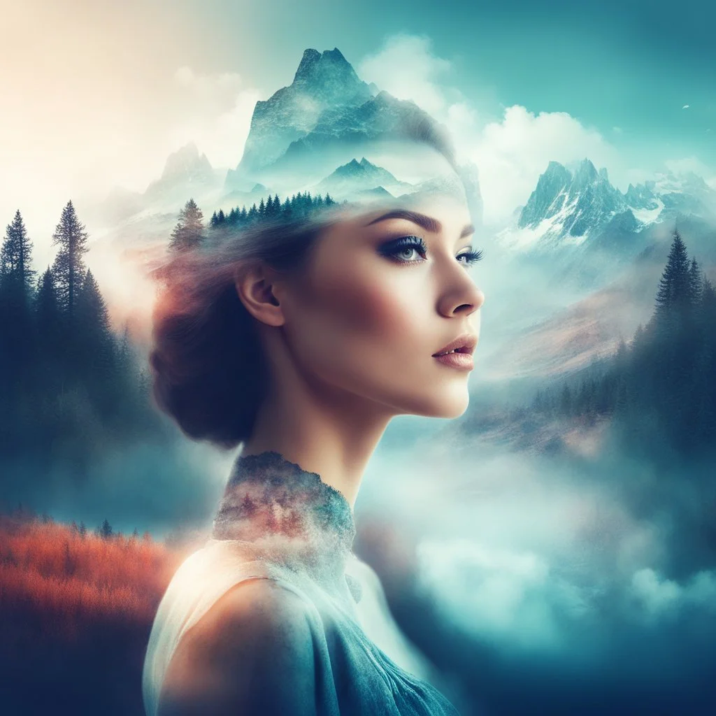 Double exposure beautiful fantasy portrait, woman and landscape, ultra quality