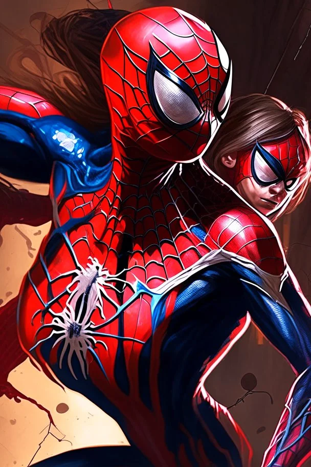 spiderman and spiderwoman across the spider-vers. Digital art. Concept art. Maximum detail, power colors