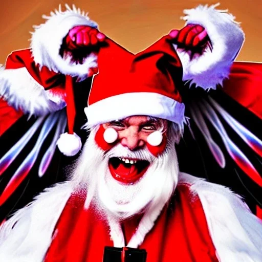 wings, freaky crazy Santa with wings, laughing, flying, satan wings