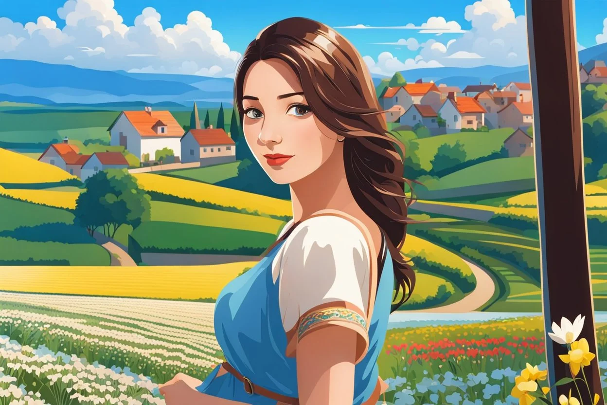 Young woman in flower field in country side ,river, houses,blue sky ,nice clouds,god rays