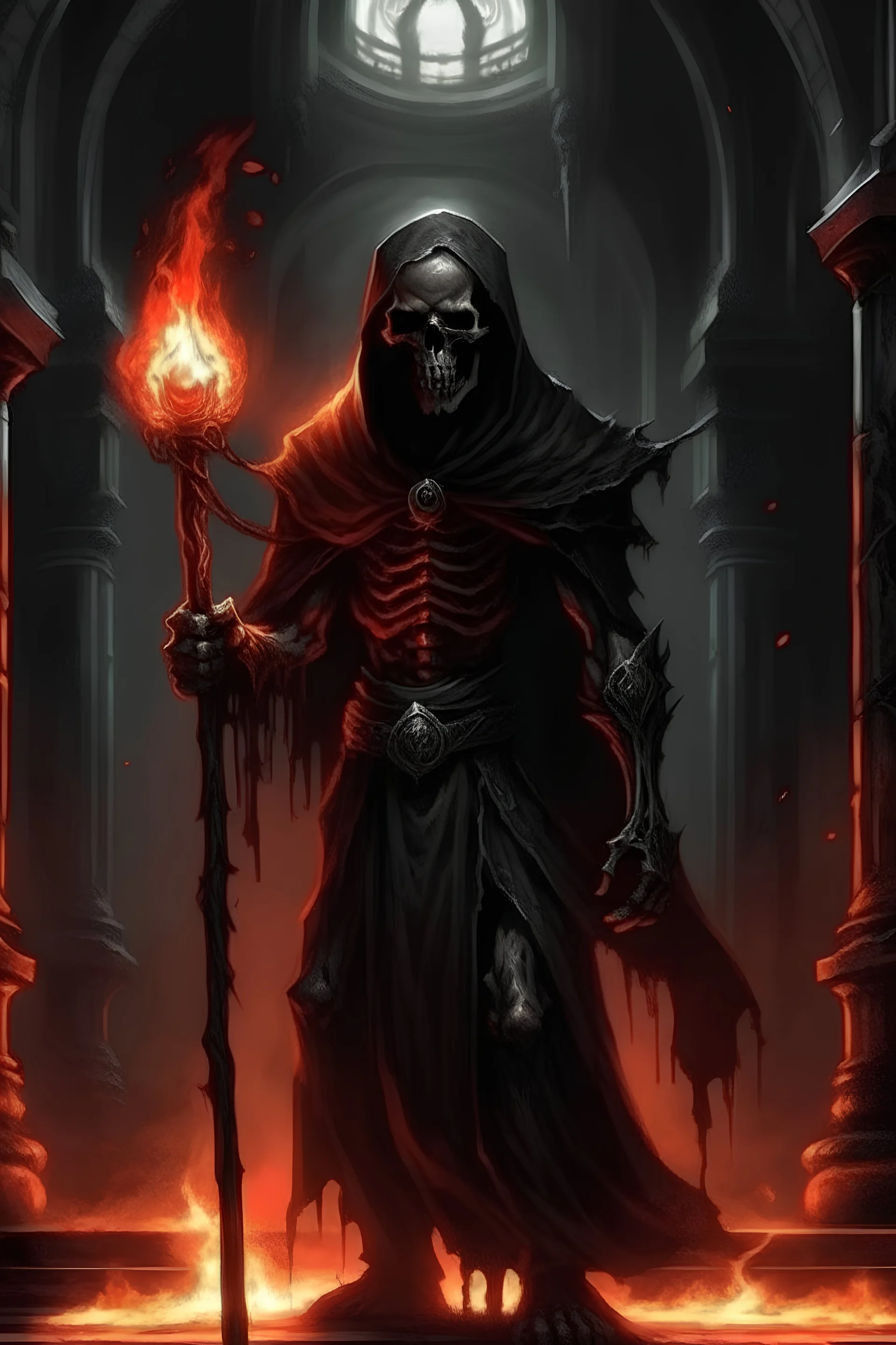 a god of death with red eyes and his head as a skull with a black hood wealdig a spear with fire as his wepon in a big room made of black stone brikcks