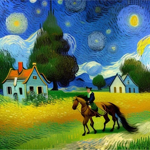 Dibujo al oleo de una pradera con una casa y un caballo con muchas nubes de colores estilo Vincent van Gogh