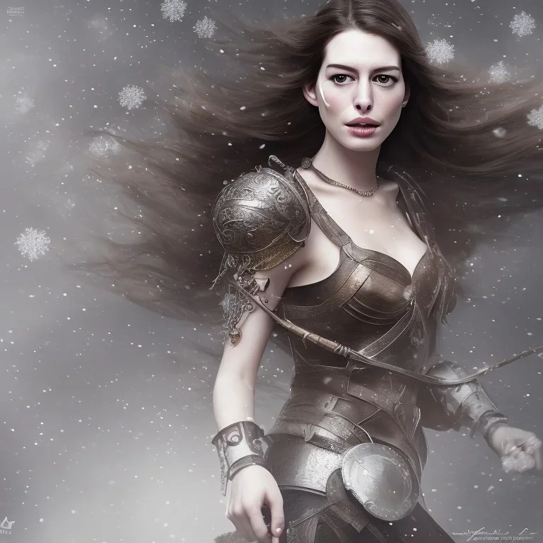 portrait only a wonderfull Anne Hathaway, viking fantasy, big curves, voluminous long black hair, snow flakes particles, 55 mm