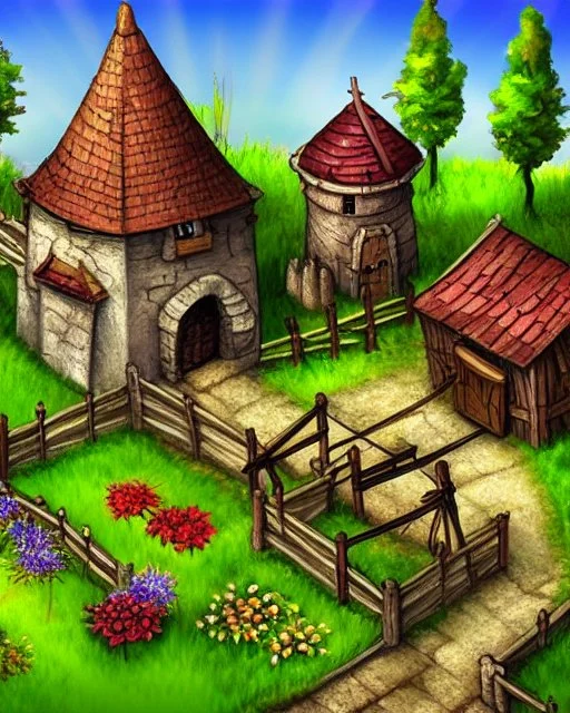 medieval fantasy village with flowers rpg art