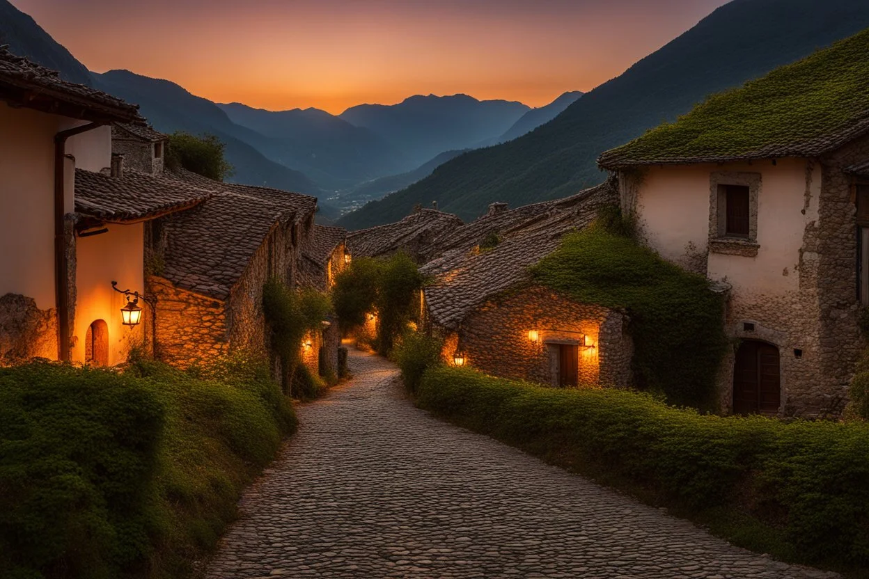 Medieval village from the perspective of a cobblestone road at sunset. The road and village continue to ascend into the mountains, with stone and wooden houses blending seamlessly into the rocky recesses of the mountain, reflecting the golden hues of the setting sun and the growing ivy. In the background, the majestic mountains feature large cultivated terraces and pronounced limestone gorges with hanging vegetation and meltwater streams.