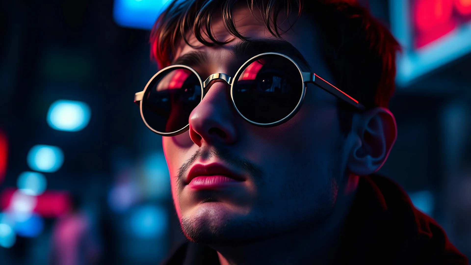 Full Body Portrait Of man with dark circular sunglasses looking slightly up, short hair, Big Wide Set Eyes, Cute Nose,, Unique Moody Face, At Night, Cinematic Detailed Mysterious Sharp Focus High Contrast Dramatic Volumetric Lighting :: cyberpunk, blue and red neon colors ::