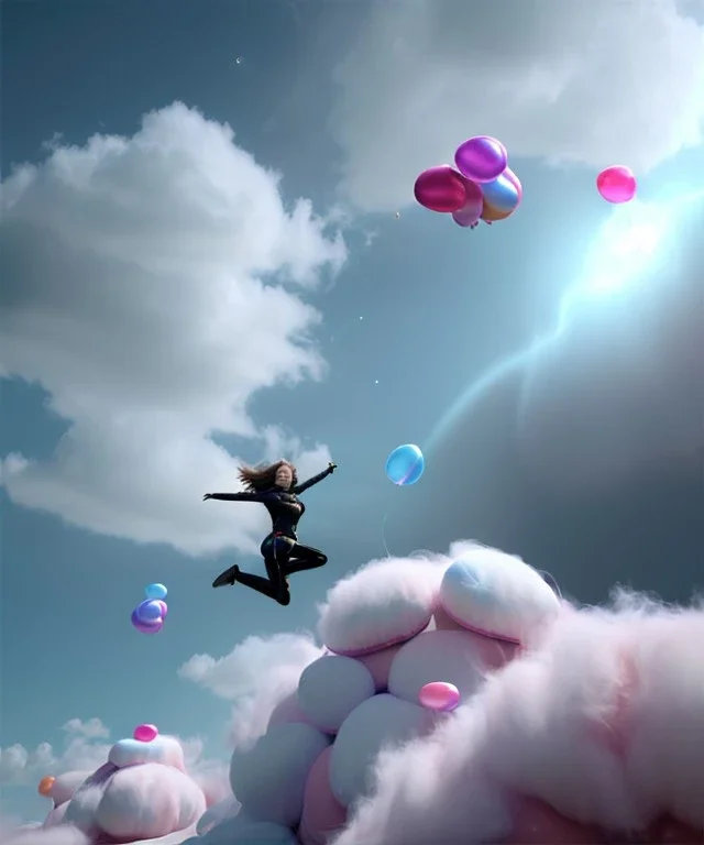 Ultra realistic speed clouds sky scene, wide angle view, sweet women falling down, inflatable color clothing, free jumping flying, many trinkets, hair monster, many jelly beans, balls, color smoke, smile, happy, circus style, extreme, wind, clouds sea, 20,000 feet altitude, stratosphere, soft color, highly detailed, unreal engine 5, ray tracing, RTX, lumen lighting, ultra detail, volumetric lighting, 3d, finely drawn, high definition, high resolution.