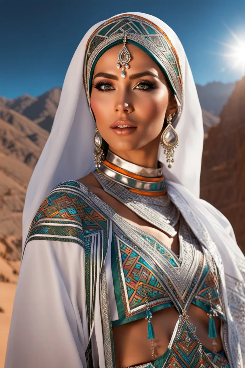 Super model arabian woman, detailed, hyper realistic, wearing Arabian a vibrant Amazigh dress adorned with geometric patterns,hijab, silver jewelry glinting in the sun, standing proudly in the Atlas Mountains.