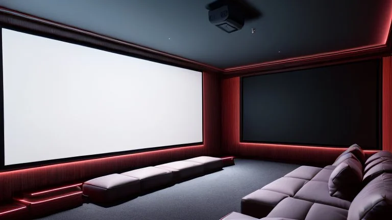 Generate an image of a sleek home cinema with our top-notch projectors and surround sound systems with a star-lined ceiling similar to a Rolls Royce in a high-rise penthouse